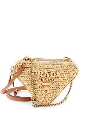 Prada Pre-Owned Triangle Logo Zip Around Shoulder Bag Raffia and Leather Mini crossbody bag - Neutrals