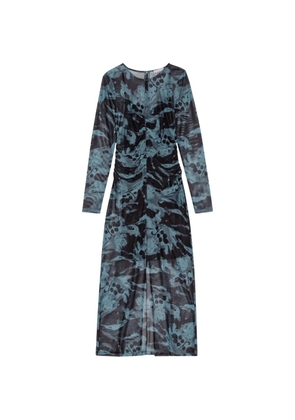GANNI blue printed-mesh O-neck ruched long dress