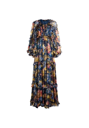 ETRO long dress in silk with ruffles and floral motif - Blue