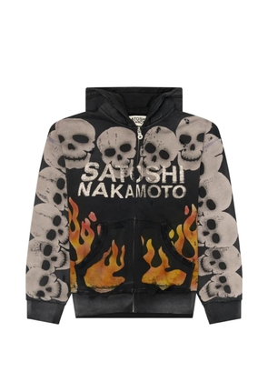 SATOSHI NAKAMOTO skull-print flame-print hoodie - Black