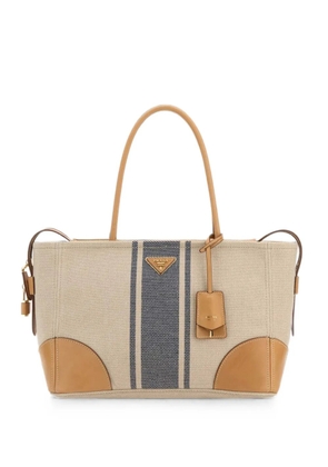 Prada large logo-plaque striped tote bag - Neutrals