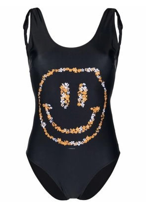 GANNI smiley-print one-piece swimsuit - Black