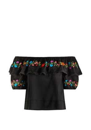 Rixo Lisette floral-embroidered ruffled top - Black