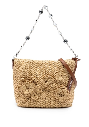 Miu Miu Pre-Owned 2010-2026 Raffia Floral Applique Crystal Chain satchel - Neutrals