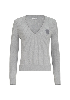 Brunello Cucinelli cotton ribbed sweater with logo - Grey