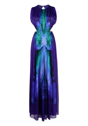 Alberta Ferretti butterfly-print pleated chiffon gown - Blue