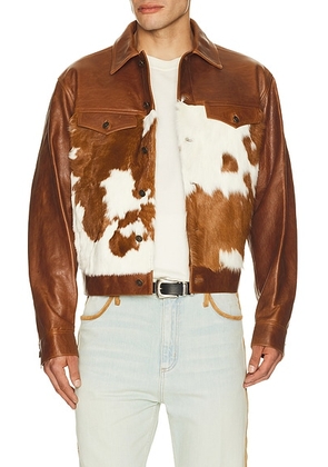 Austin Post Leather Trucker Jacket in Cowhide - Brown. Size L (also in M, S, XL/1X).