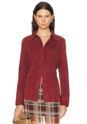 FRAME The Suede Shirt in Garnet - Red. Size L (also in S, M).