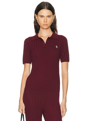 Sporty & Rich Signature Logo Ribbed Polo Top in Bordeaux - Burgundy. Size L (also in XS, S, M).
