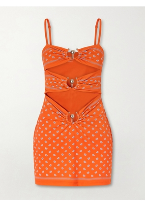 Christopher Esber - Orbit Embellished Ruched Cutout Printed Stretch-jersey Mini Dress - Orange - UK 6,UK 8,UK 10,UK 12,UK 14