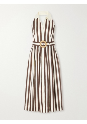 Cara Cara - Quentin Belted Pleated Striped Cotton-poplin Halterneck Midi Dress - Brown - US0,US2,US4,US6,US8,US10,US12