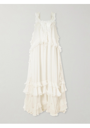 Chloé - Ruffled Lace-trimmed Silk-crepon Gown - White - FR 34,FR 36,FR 38,FR 40,FR 42