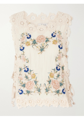 Sea - Adonna Floral-embroidered Crochet-trimmed Cotton Tank - Neutrals - xx small,x small,small,medium,large,x large