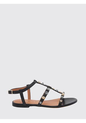 VIA ROMA 15 Flat T-Strap Smooth Calfskin Leather Sandals with Stud Application
