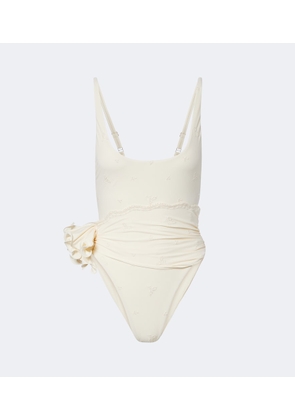 Magda Butrym Embroidered floral-applique draped swimsuit