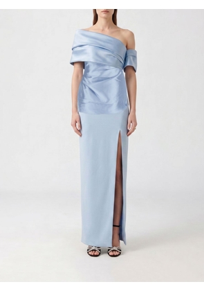 SOLACE LONDON Asymmetric Off-The-Shoulder Satin Sheath Long Evening Gown