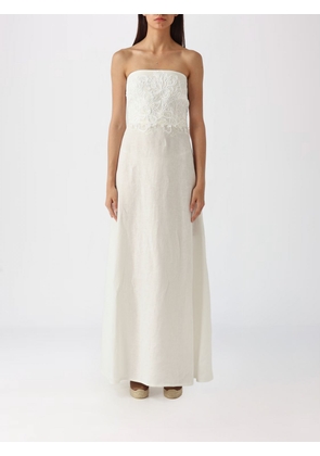 ERMANNO SCERVINO Off-the-Shoulder Embroidered Linen Long Evening Gown