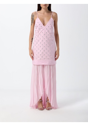 MSGM Pleated Cotton Long Evening Gown with V-Neck and Embroidery
