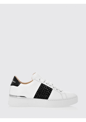 PHILIPP PLEIN Leather Low-Top Sneakers with Rhinestones and Abstract Embroidery
