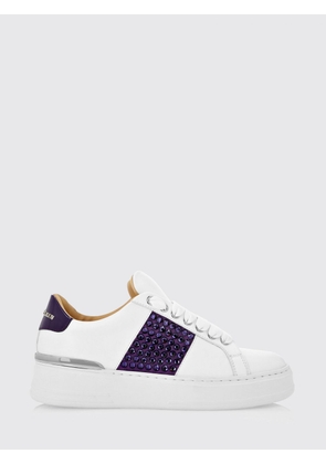 PHILIPP PLEIN Leather Low-Top Sneakers with Rhinestones and Abstract Embroidery