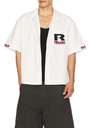 Rhude Petrol Oversized Mechanic Shirt in White  Black  & Red - White. Size M (also in S, L, XL/1X, XXL/2X).