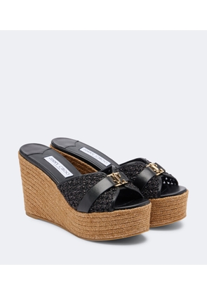 Jimmy Choo Leda leather-trimmed raffia wedge mules