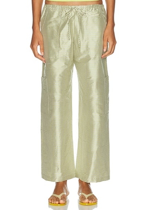 DONNI. The Taffeta Gingham Drawstring Cargo Pant in Pistachio - Green. Size XS (also in ).