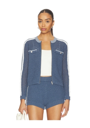 Central Park West Raya Mixed Stitch Zip Cardi in Blue. Size S. Also in XS, M, L, XL.