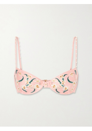 Agua by Agua Bendita - Magdalena Promesa Embellished Floral-print Bikini Top - Pink - x small,small,medium,large,x large