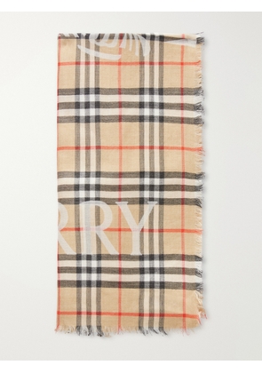 Burberry - Frayed Printed Checked Wool And Silk-blend Scarf - Neutrals - One size