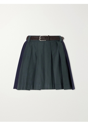 Sea - Odessa Belted Pleated Leather-trimmed Cotton-poplin Mini Skirt - Green - US0,US2,US4,US6,US8,US10,US12