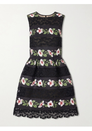 Oscar de la Renta - Floral-print Lace-trimmed Crepe De Chine Mini Dress - Black - US2,US4,US6,US8