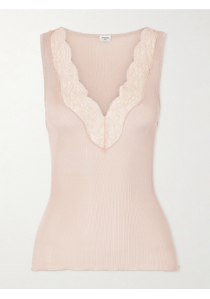 SAINT LAURENT - Lace-trimmed Ribbed Silk-jersey Tank - Neutrals - x small,small,medium