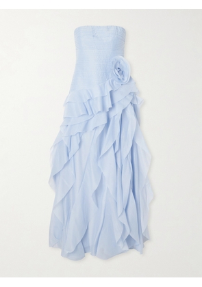 Aje - Canyon Strapless Appliquéd Ruffled Pleated Chiffon Gown - Blue - UK 4,UK 6,UK 8,UK 10,UK 12,UK 14