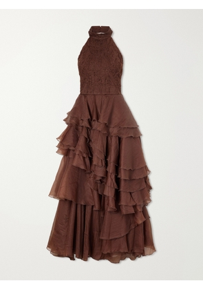 Aje - Fayette Tiered Ruffled Crepon Halterneck Gown - Brown - UK 4,UK 6,UK 8,UK 10,UK 12,UK 14
