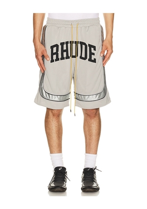 Rhude Baggy Mesh Collegiate Logo Shorts in Grey. Size S. Also in M, L, XL/1X, XXL/2X.