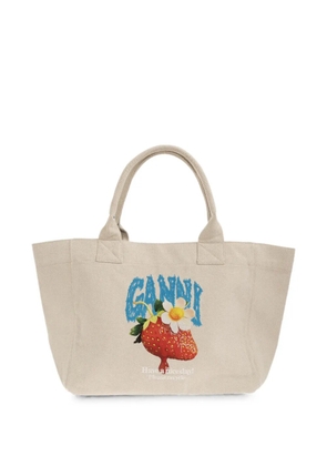GANNI strawberry-print logo-embroidered tote bag - Neutrals