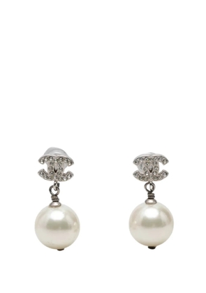 CHANEL Pre-Owned 2009 CC Brass Strass and Faux Pearl Drop Bullet Back Earrings costume earrings - Silver