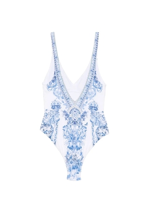Camilla crystal-embellished baroque-print swimsuit - White