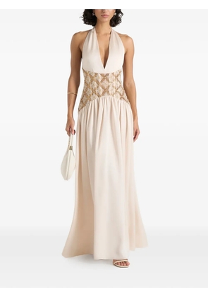 Manière De Voir Ava in cream halterneck embellished corset gathered maxi dress - Neutrals