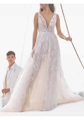 PRONOVIAS PARTY EDIT floral-lace V-neck maxi dress - Neutrals