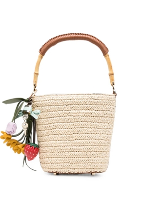 Self-Portrait raffia charm bucket bag - Neutrals