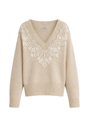 Alberta Ferretti lace-trim V-neck sweater - Neutrals