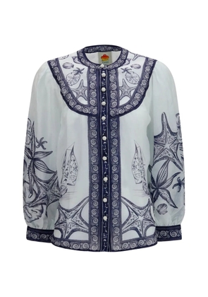 FARM Rio seaside-print ramie long-sleeve shirt - White