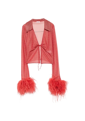 Oséree feather-trimmed metallic-thread top - Red