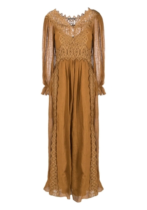 Alberta Ferretti lace linen long dress - Brown