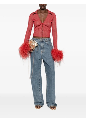 Oséree feather-trimmed metallic-thread top - Red