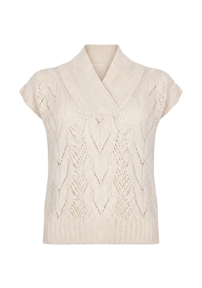 D.Exterior open-knit shawl-collar sweater - Neutrals