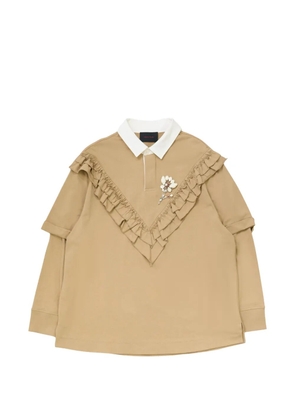 Simone Rocha ruffle-trimmed floral-embellished polo shirt - Neutrals