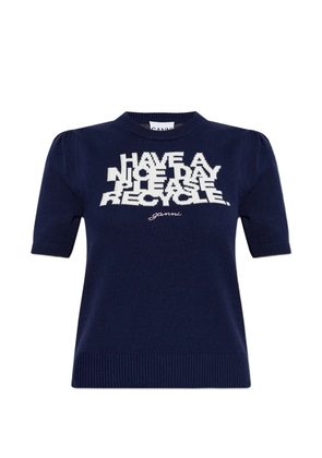 GANNI slogan-print puff-sleeve T-shirt - Blue